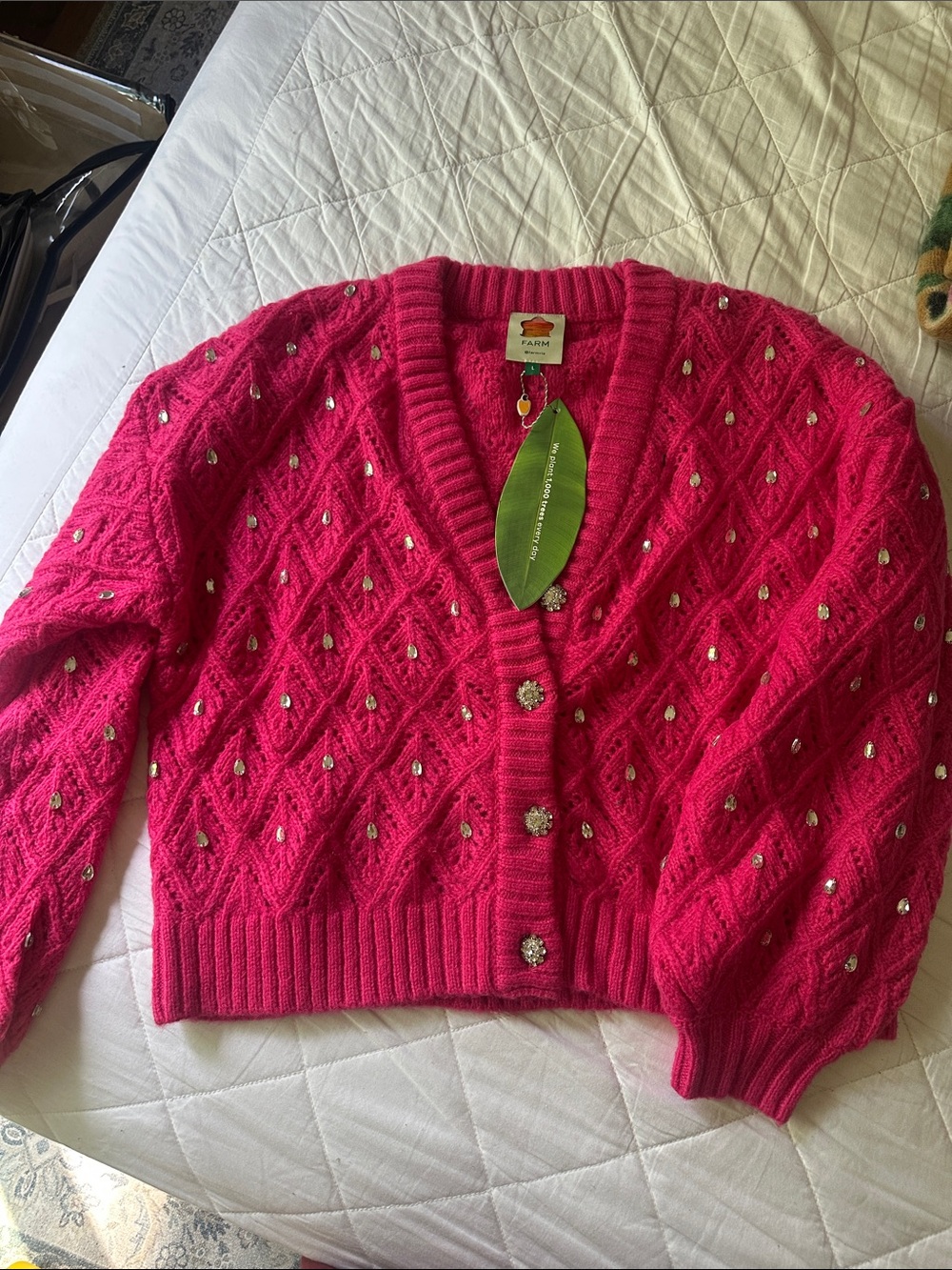 FARM Rio Hot Pink Crystal-Embellished Diamond Knit Cardigan